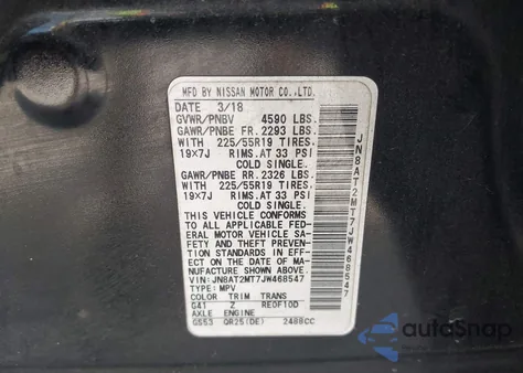 2018 Nissan Rogue Sl из США, поврежденный, VIN JN8AT2MT7JW468547